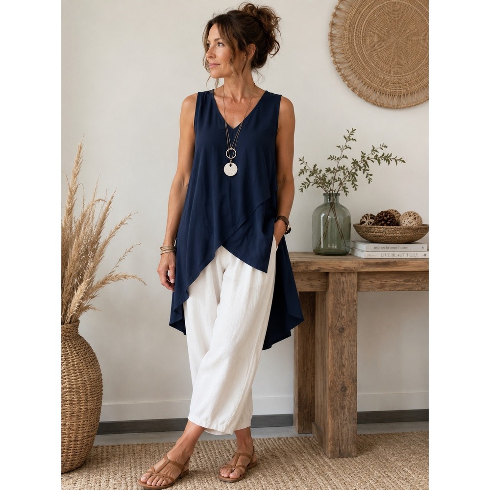 Express Navy Lagenlook Tunic Top Medium High Low Layered Drape Back Cutout